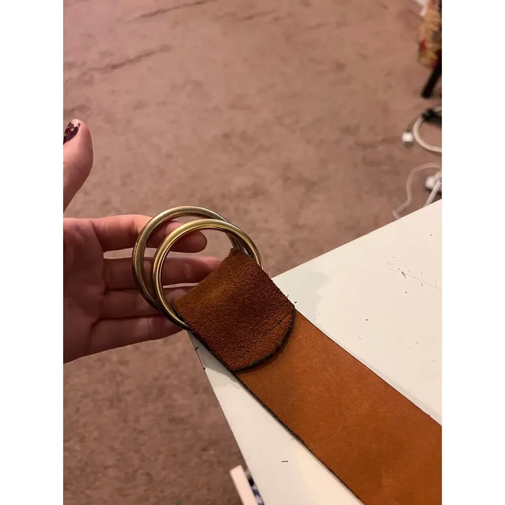 Tan Fife & Drum Paris Genuine Cowhide Leather Golden Round Wrap Belt Size Large
